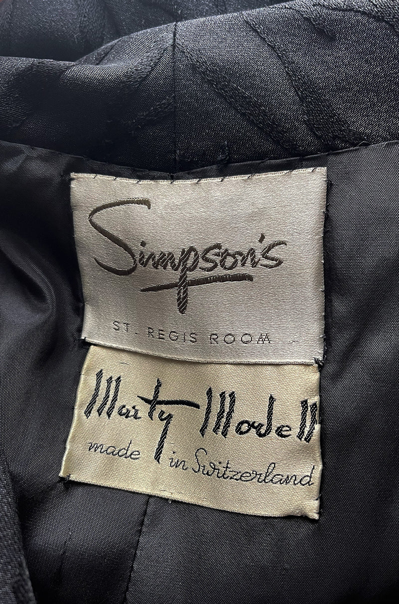 Minimalist 1960s Marty Modell Black Silk Jaquard Brocade Coat w Bow Detail