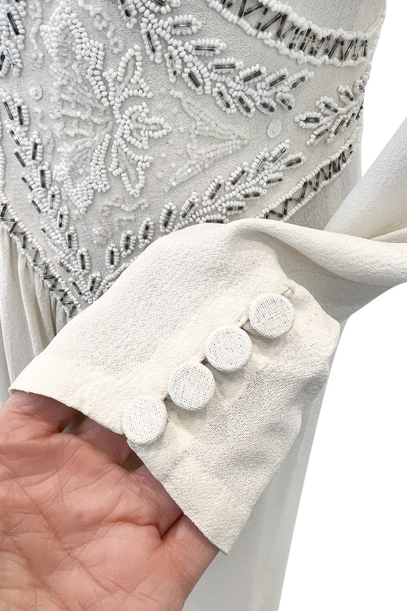 Gorgeous 1930s Off White Moss Crepe Dress w Hand Beaded 'Belt' Detailing