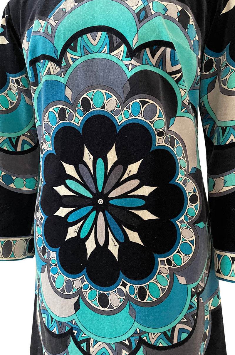 Gorgeous 1960s Emilio Pucci Velvet Dress in Ocean Blues & Classic Circle Print