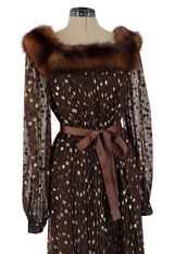 1970s Givenchy by Hubert de Givenchy Haute Couture Gold Metallic Dot on Silk Chiffon Dress w Mink Trim