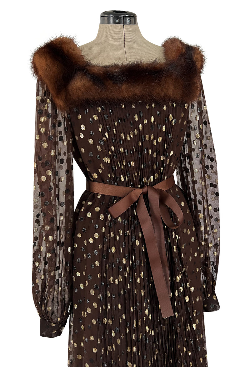 1970s Givenchy by Hubert de Givenchy Haute Couture Gold Metallic Dot on Silk Chiffon Dress w Mink Trim