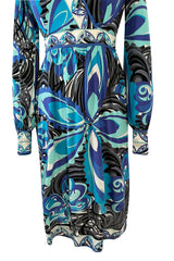 Blue Bold Pucci Shrimpton 1960s Printed Silk Dress – Floral Emilio Ocean w Jersey Couture