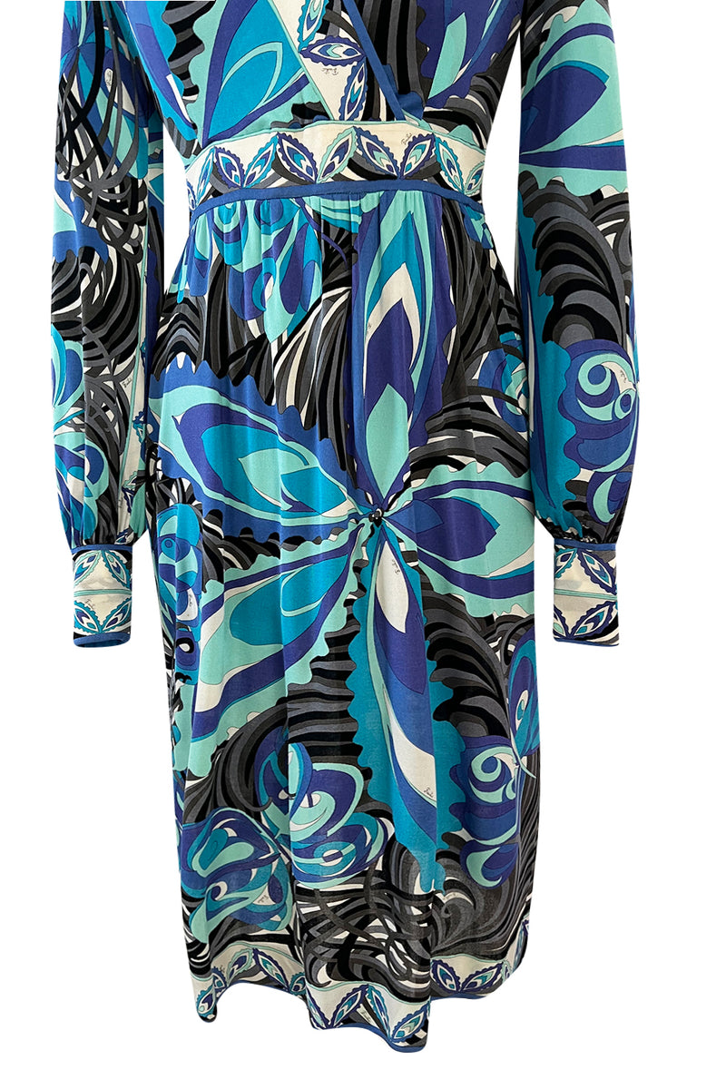 1960s Emilio Pucci Ocean Blue Printed Silk Jersey Dress w Bold Floral Shrimpton Couture 1960s Emilio Pucci Ocean Blue Printed Silk Jersey Dress w Bold Floral Shrimpton Couture