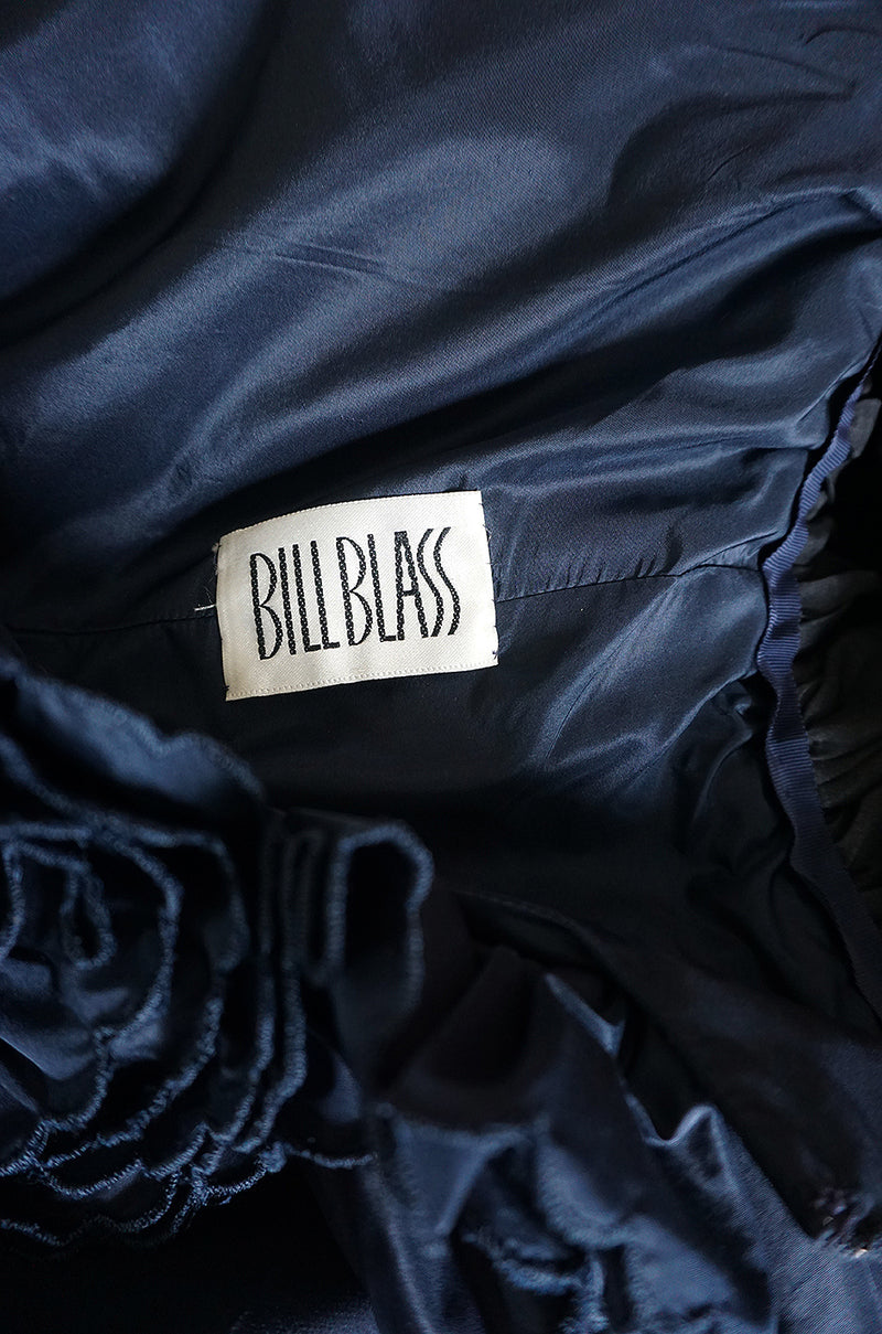 1980s Bill Blass Midnight Blue Silk Taffeta Plunging Ruffled Dress