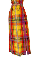 1972 Donald Brooks Textured Cotton Plaid Print Dress w Embroidered Flower Trim