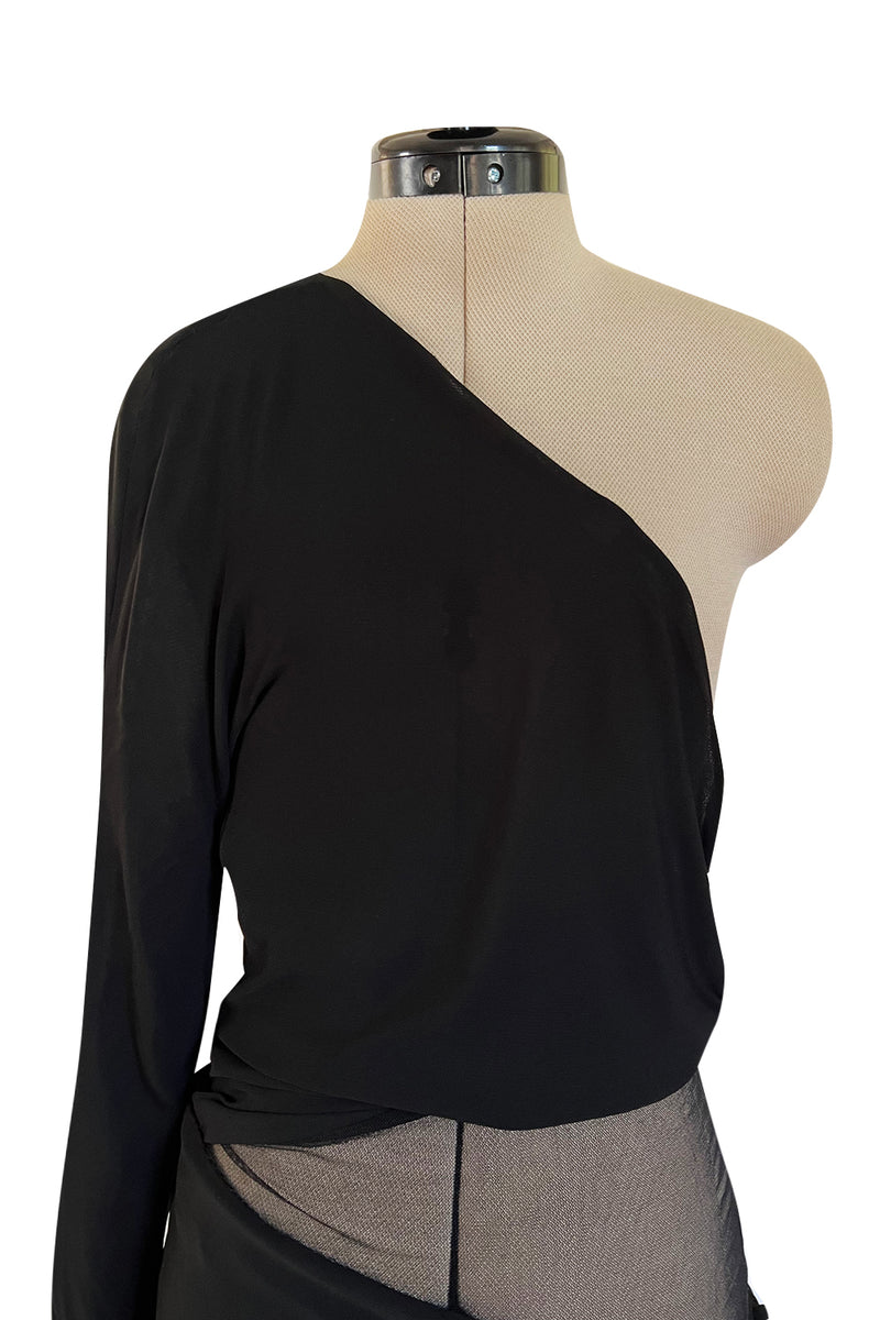 Spectacular Early 2000s John Anthony Couture Black Jersey & Mesh One Sleeve Dress