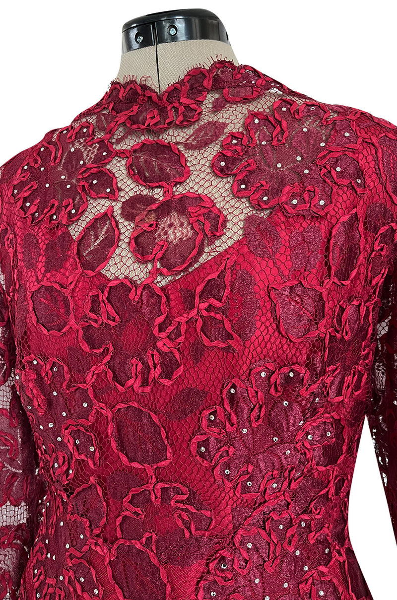 1986 Arnold Scaasi Couture Deep Red Lace Dress w Rhinestone Detailing ...