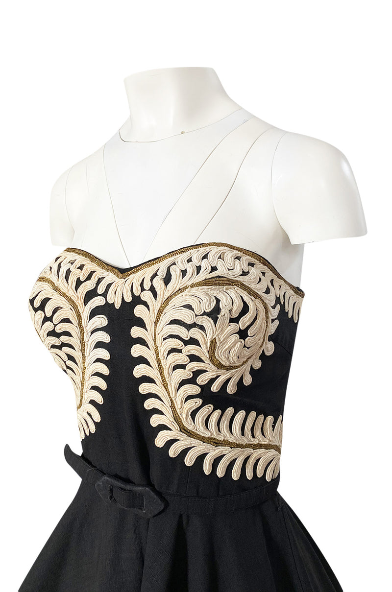 1950s Heavy Cotton / Canvas Strapless Dress  w Hand Applied Cord Applique