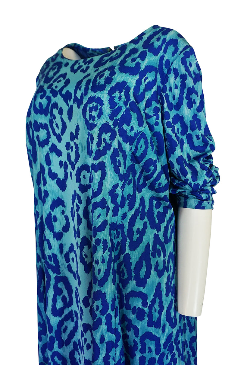 1970s La Mendola Silk Jersey Blue Print Dress & Knit Jersey Coat Set