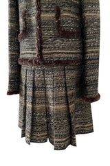 Stunning Fall 2005 Chanel Metallic Silk Mohair Fur Trimmed Tweed Jacket & Pleated Skirt Suit