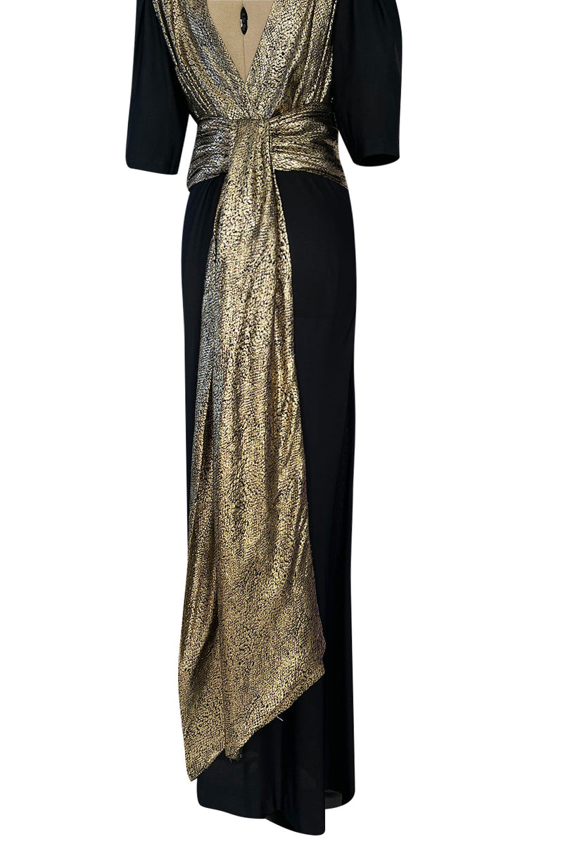 Spring 1986 Yves Saint Laurent Black Crepe & Jersey Dress w Gold Lame Shrimpton Couture Spring 1986 Yves Saint Laurent Black Crepe & Jersey Dress w Gold Lame Shrimpton Couture
