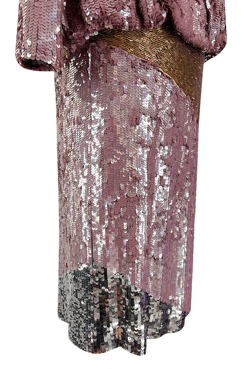 Documented 1982 Bill Blass Sequin & Beaded Dusty Purple, Gold & Silver Dress