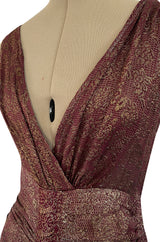 Late 1920s Unlabeled Gold Metallic Lame Thread Mixed w Deep Burgundy Silk Deep Plunge Dress