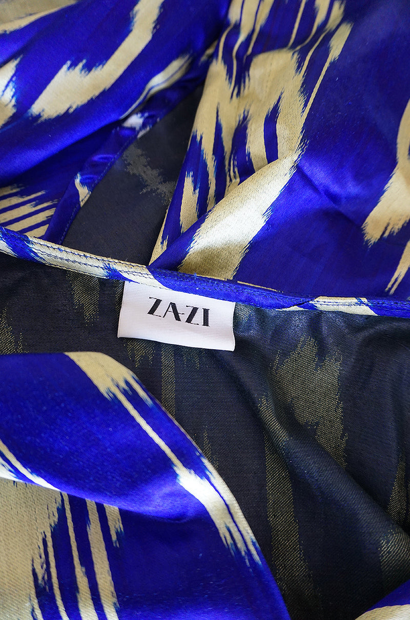 Recent Zazi Vintage Silk Ikat "Madhu" Bliue & Gold Caftan Dress