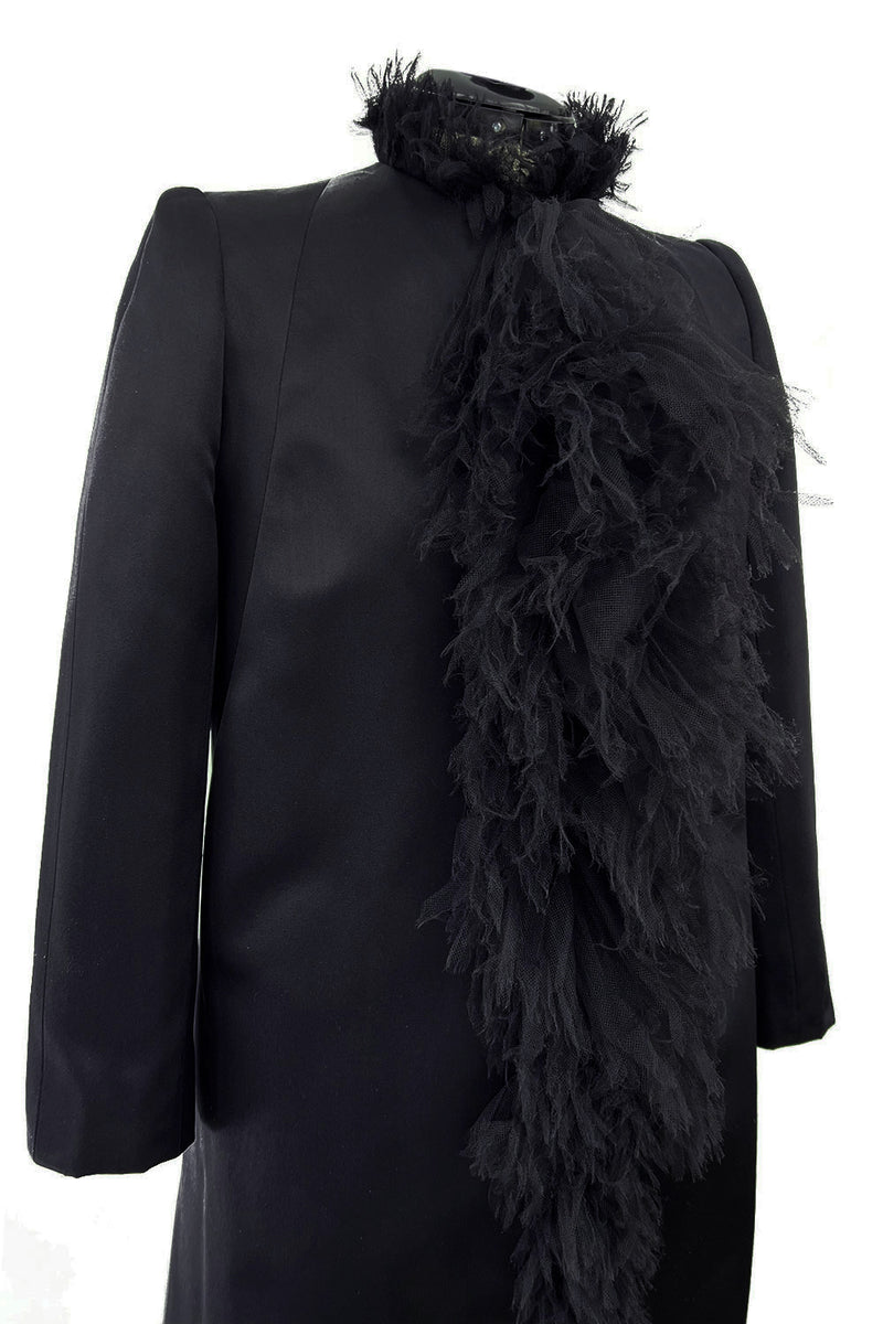 Iconic Fall 2000 Chanel by Karl Lagerfeld Haute Couture Black Silk Tulle Ruffle Evening Coat