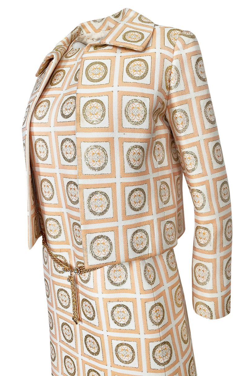 1960s Christian Dior Demi-Couture Peach & Metallic Gold Dress & Jacket