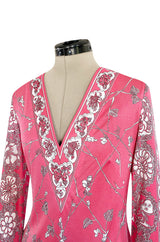 1970s Emilio Pucci Deep Pink Printed Silk Jersey Dress W High Snapped Slit Side Opening Skirt