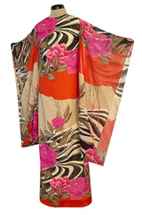 1960s Hanae Mori Couture Long Open Kimono Sleeve Pink Floral Print Cotton Caftan Dress