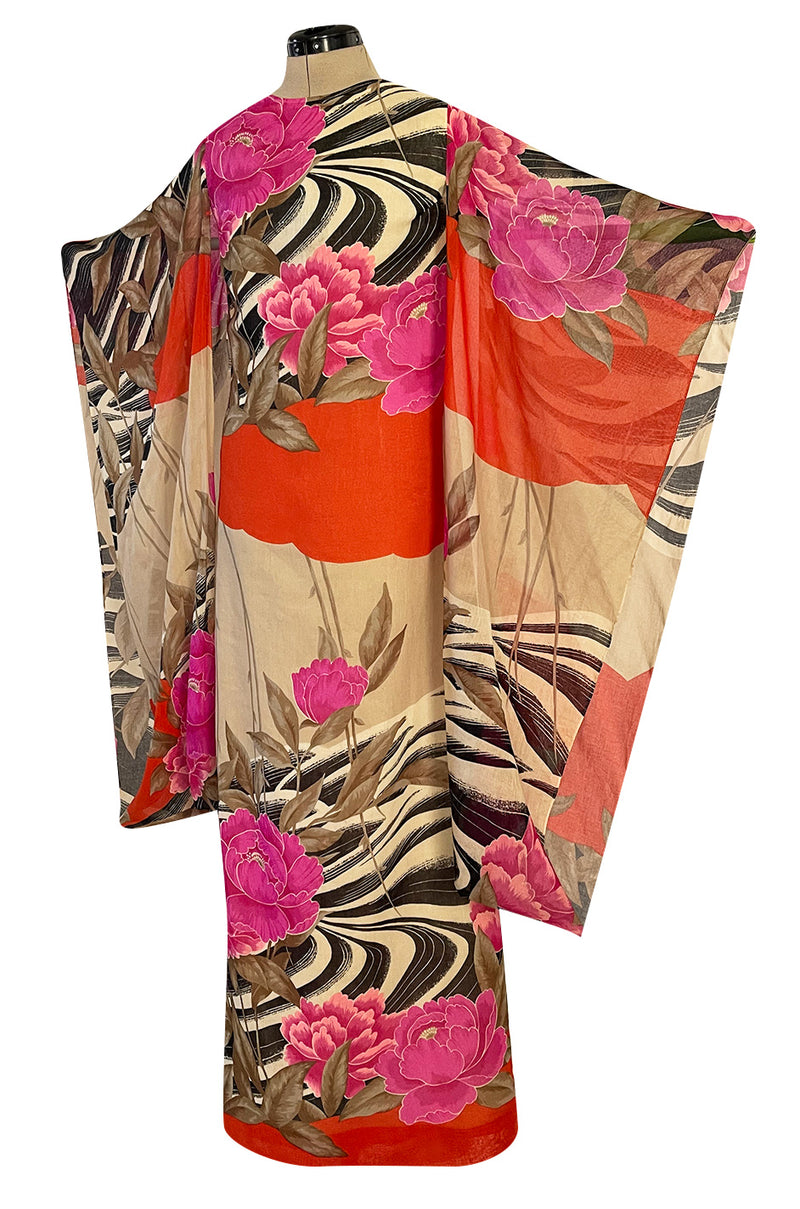 1960s Hanae Mori Couture Long Open Kimono Sleeve Pink Floral Print Cotton Caftan Dress