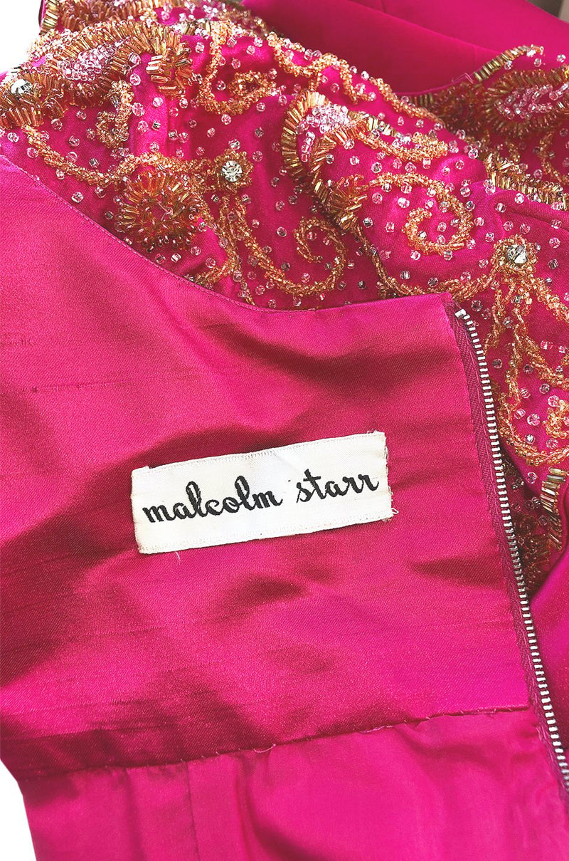 1960s Malcolm Starr Vibrant Pink Silk Satin Dress w Beaded Bodice