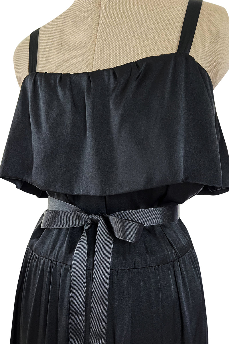 Superb Late 1970s Christian Dior by Marc Bohan Minimalist Demi-Couture Black Silk Dress