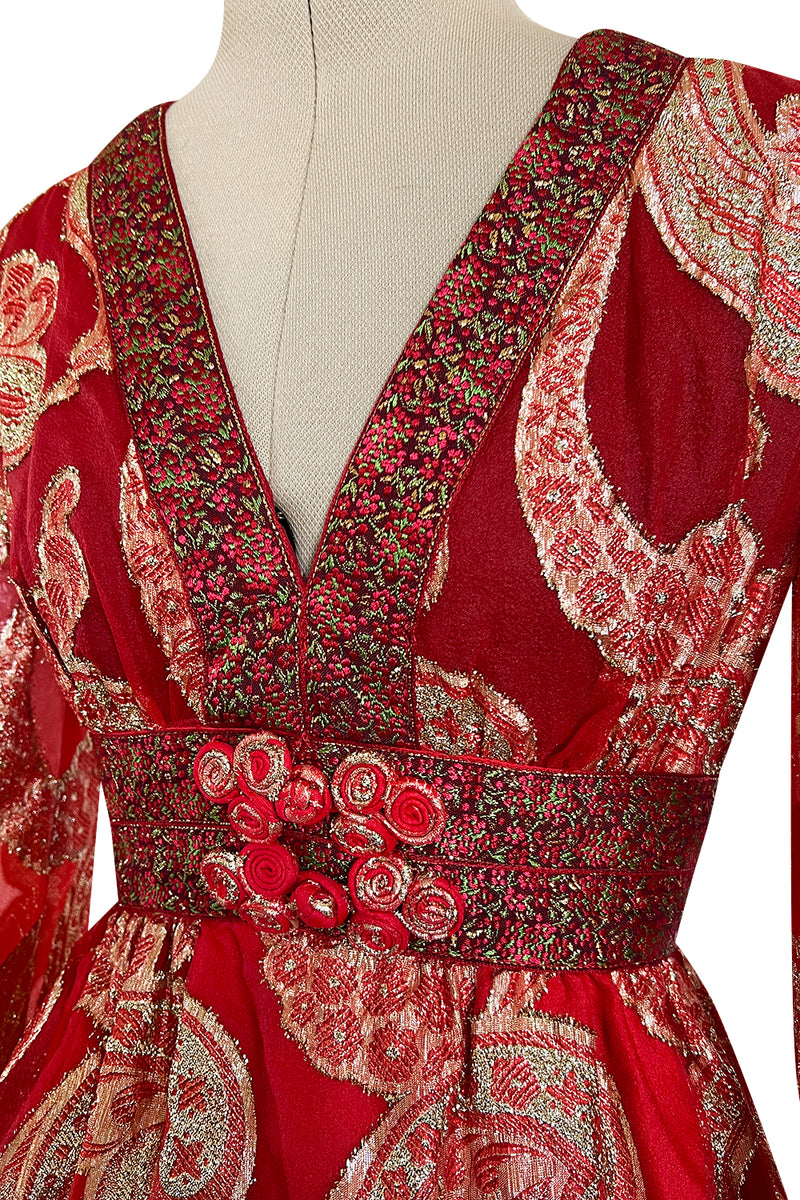 Spectacular 1970s Bill Blass Red Organza & Gold Metallic Applique Dress