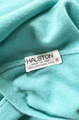 Important 1974 Halston Turquoise Cashmere Extremely Low Back Halter Dress