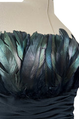 1980s Victor Costa Strapless Jersey Dress w Iridescent Feather Bodice Detail