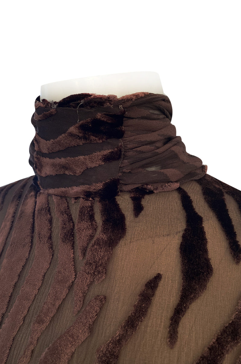 1970s Pauline Trigere Fused Velvet & Chocolate Silk Chiffon Dress w Attached Tie at Neck