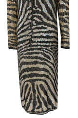 Iconic Late 1970s Halston Rare Iridescent Gold & Black Sequin Tiger Print Dress
