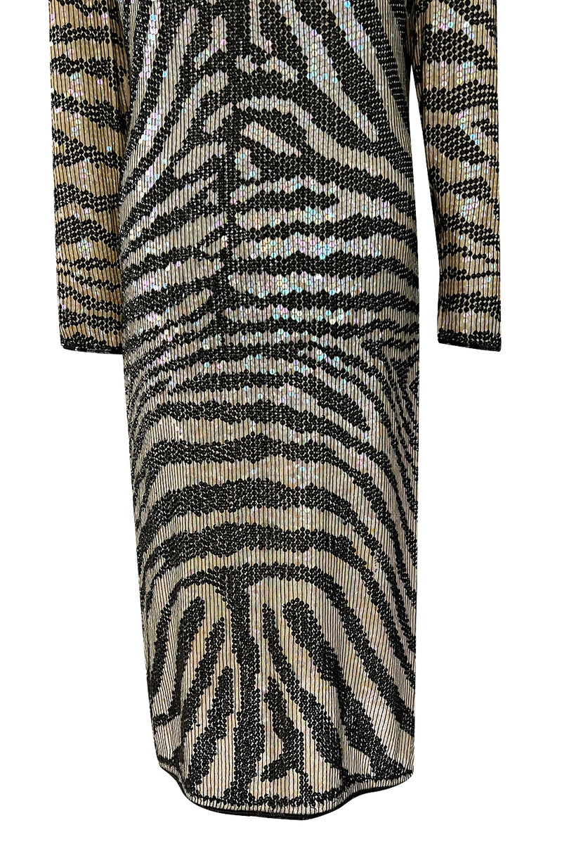 Iconic Late 1970s Halston Rare Iridescent Gold & Black Sequin Tiger Print Dress