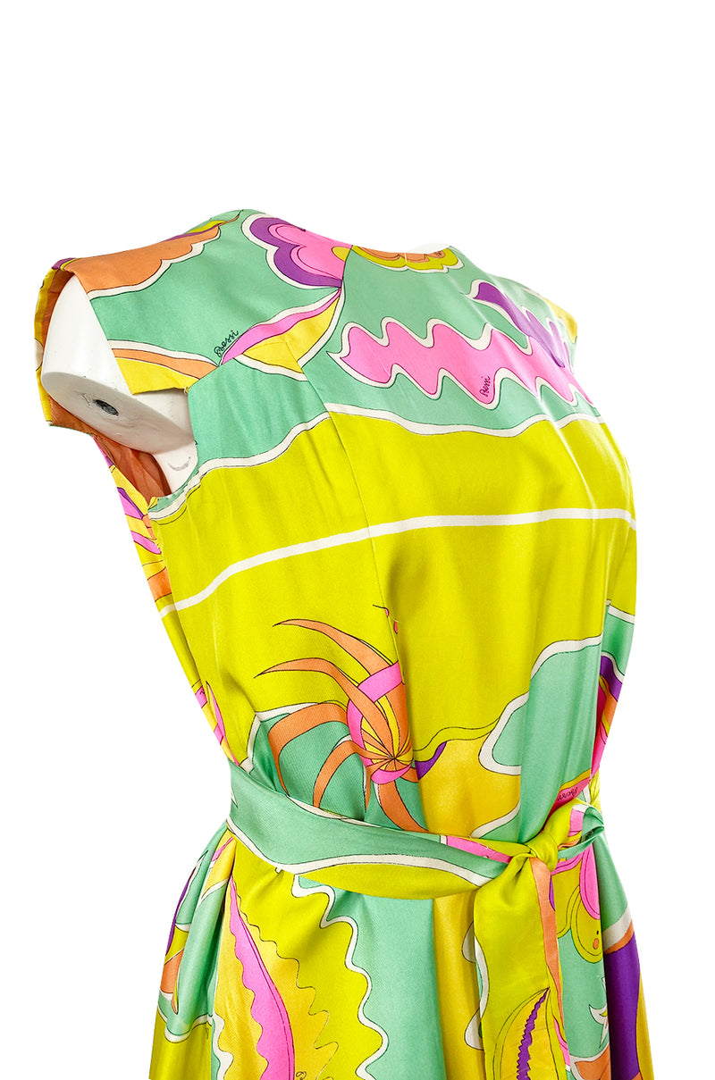 1960s Bessi Vivid Tropical Colors Printed Silk Twill Dress w Belt