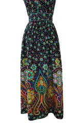 Prettiest Early 1970s Oscar de la Renta Floral Printed Halter Dress w Crossed Strap Open Back