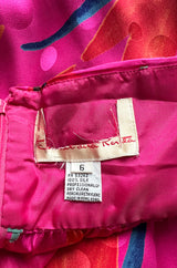 1980s Oscar de la Renta Vivid Pink Silk Wrap Strapless Dress w A Bright Floral Print