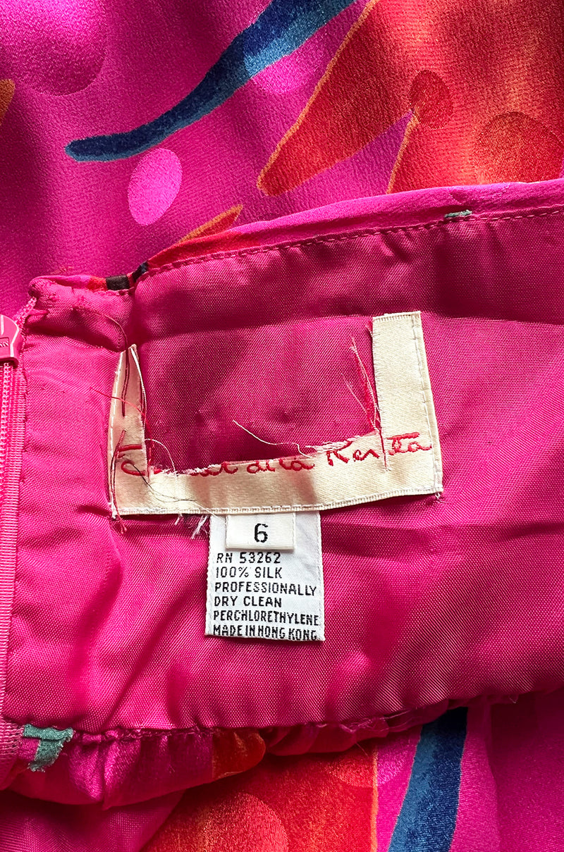 1980s Oscar de la Renta Vivid Pink Silk Wrap Strapless Dress w A Bright Floral Print
