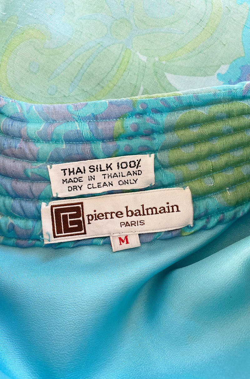 Gorgeous 1970s Pierre Balmain Soft Green and Blue Printed Thai Silk Caftan Dress or Evening Coat