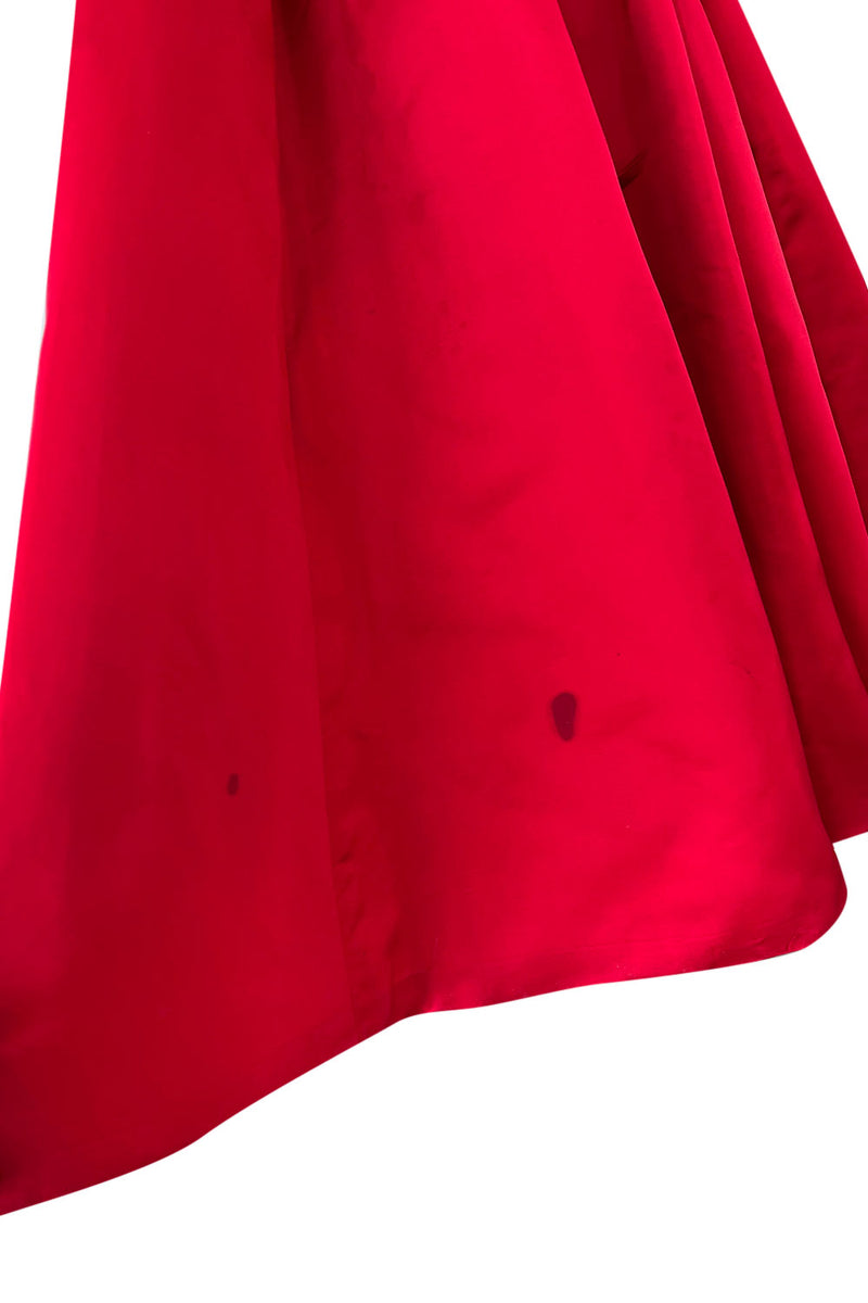 Late 1940s, Early 1950s Strapless Red Silk Satin Full Skirt Dress w  Rhinestone Detailing