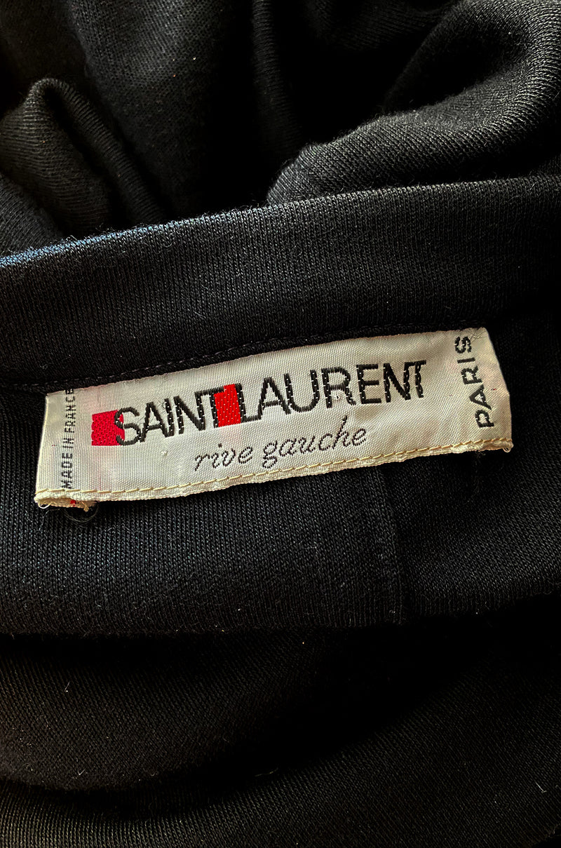 1970s Yves Saint Laurent Fine Black Wool Jersey Minimalist Cape w Button Neck