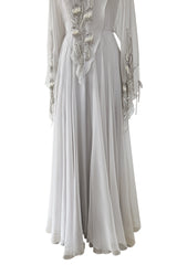 Magical 1970s Jean Varon Palest Silver Grey Chiffon Dress w Amgel Sleeves & Sequins
