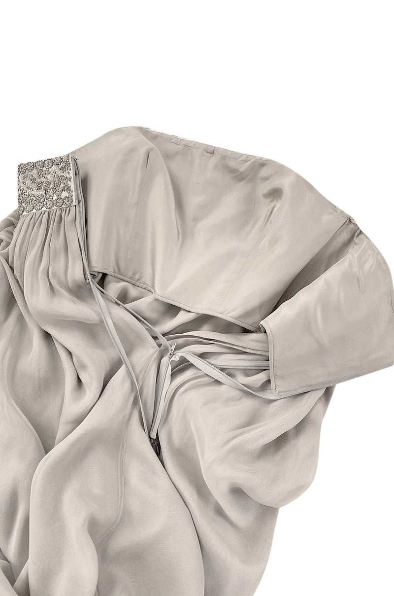Spring 2006 Reem Acra Pale Grey Silk Chiffon Silver Rhinestone Beaded High Bodice Dress
