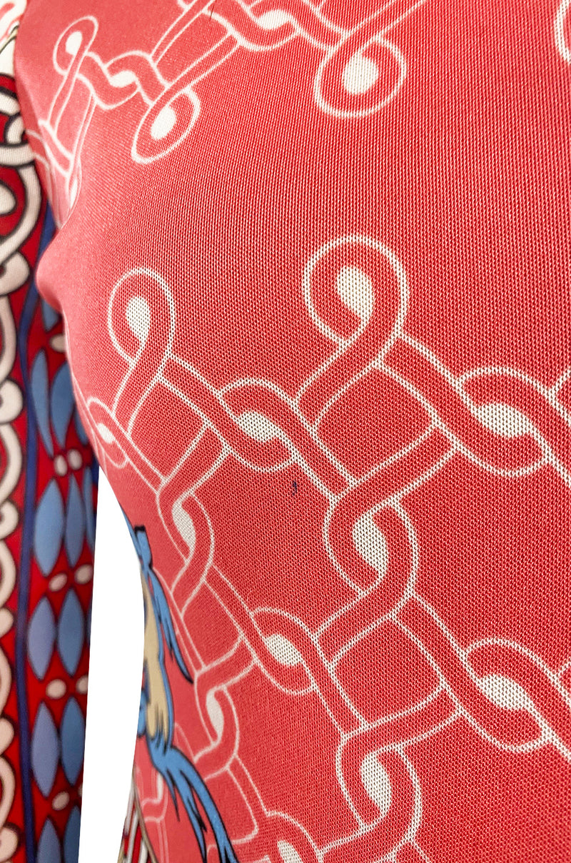Cutest 1970s Paganne One Shoulder Red Pink & Blue Printed Jersey Dress w Swingy Skirt