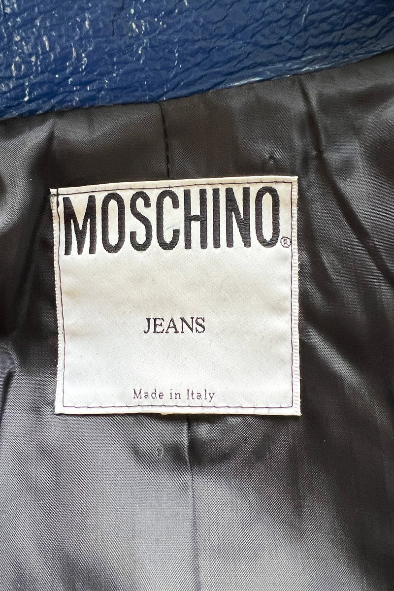 Fantastic 1990s Moschino Jeans Bright Blue Patent Faux Leather Motorcycle Jacket