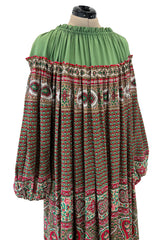 Gorgeous 1970s Lanvin Couture Printed Gathered Silk Caftan Dress w Balloon Sleeves & Felt Hem