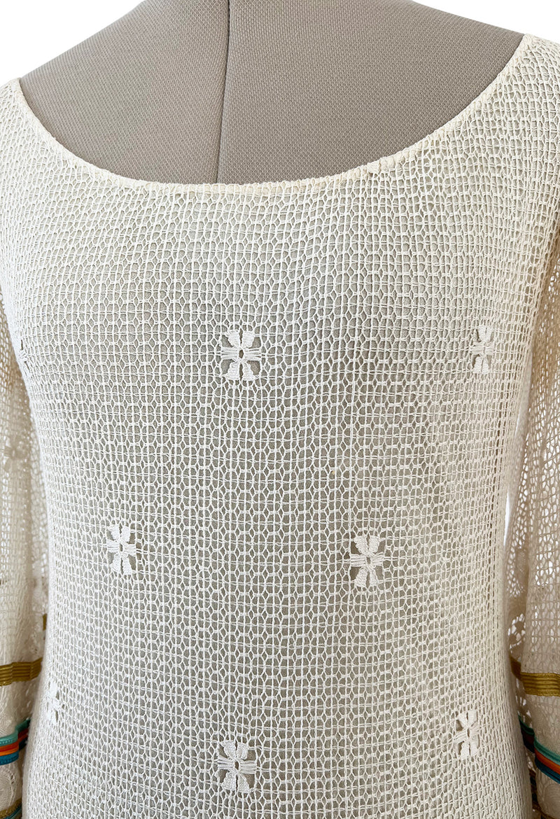 1975 Giorgio Sant' Angelo Hand Crochet Dress w Balloon Sleeves & Metallic Ribbon Detailing
