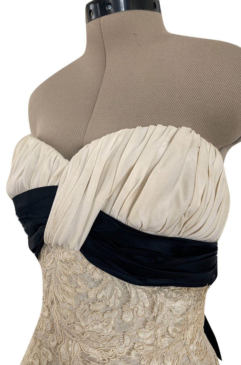 Exceptional Spring 1956 Pierre Balmain Haute Couture Strapless French Alencon Lace & Silk Organza Dress
