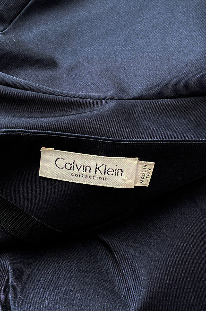 1990s Calvin Klein Black Front Plunge Halter Dress w No Back and Long Full Skirt