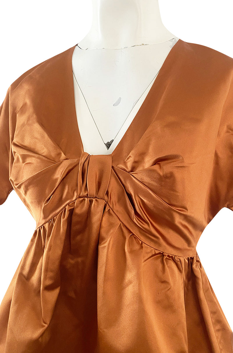 Spring 2007 Prada Burnished Gold Silk Satin Front Knot Plunging Empire Mini Dress