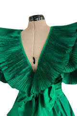 1980s Paul-Louis Orrier Emerald Green Silk Taffeta Couture Dress w Extravagant Ruffles
