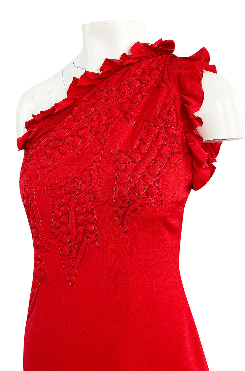 Documented 1981 James Galanos One Shoulder Red Silk Dress w Trapunto Quilting Detail