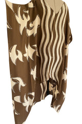 1980s Bill Blass Wavy Stripe & Abstract Print Pattern Soft Brown & Creamy Taupe Silk Caftan Dress